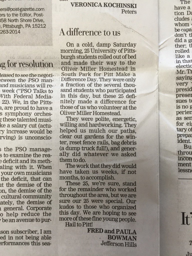 It's kinda cool when one of our community partners writes an unsolicited letter to the P-G editor about PItt Students
