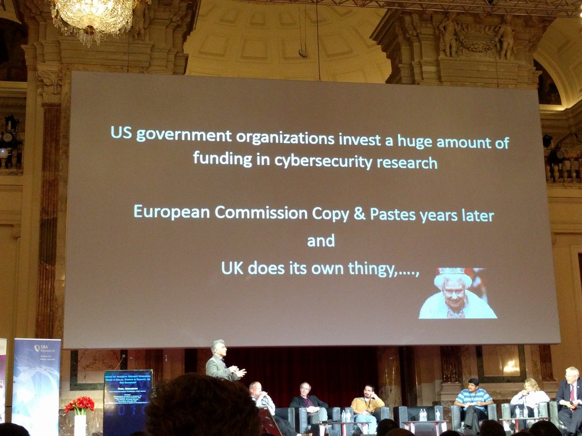 reyammer's tweet image. One-slide summary on how funding to cybersecurity research works in US, Europe, and UK. @acm_ccs #CCS16