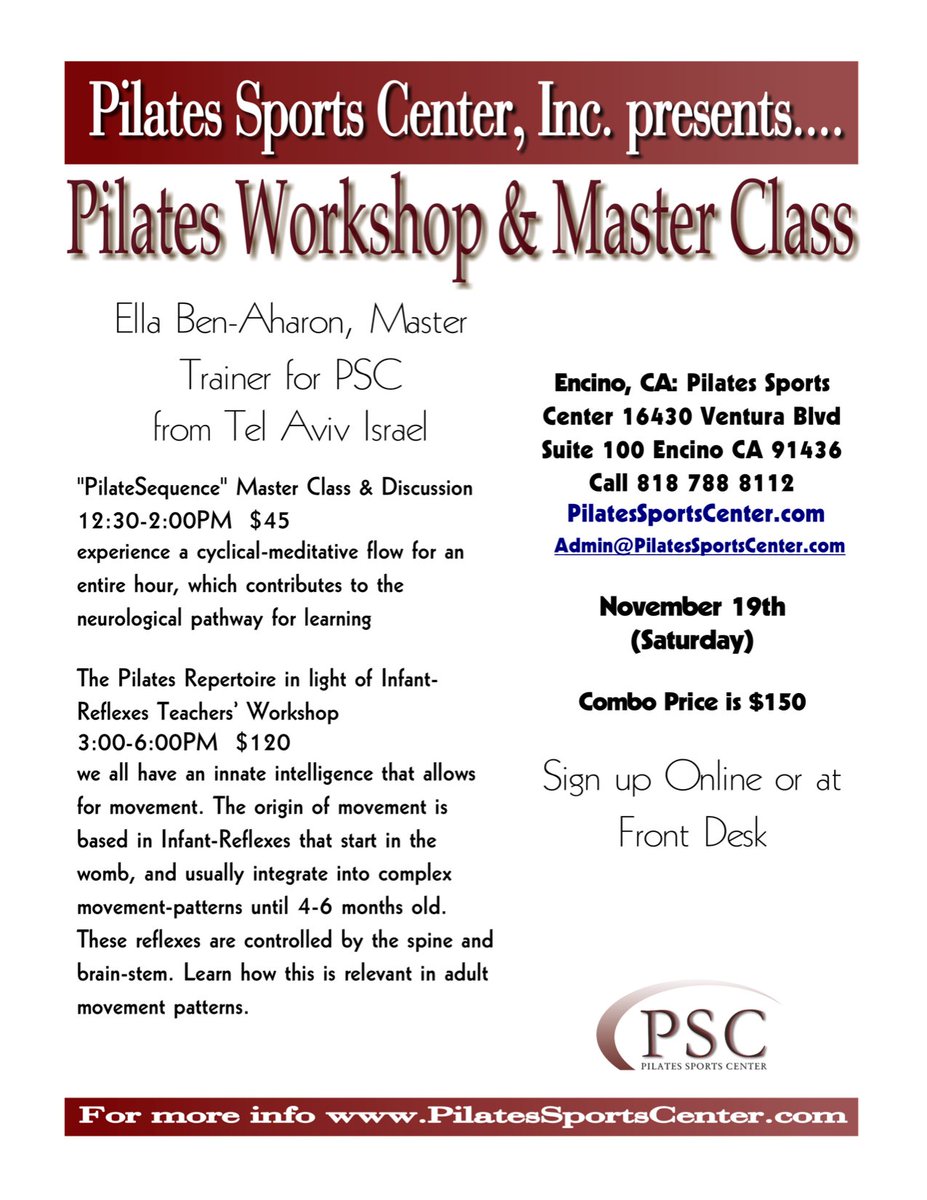 PSCEncino's tweet photo. Amazing Pilates Workshop here at PSC November 19th. Taught by Master Trainer, Ella Ben-Aharon from Tel Aviv. Don't miss it. #pilatesworkshop https://t.co/3DqRhXoC8C