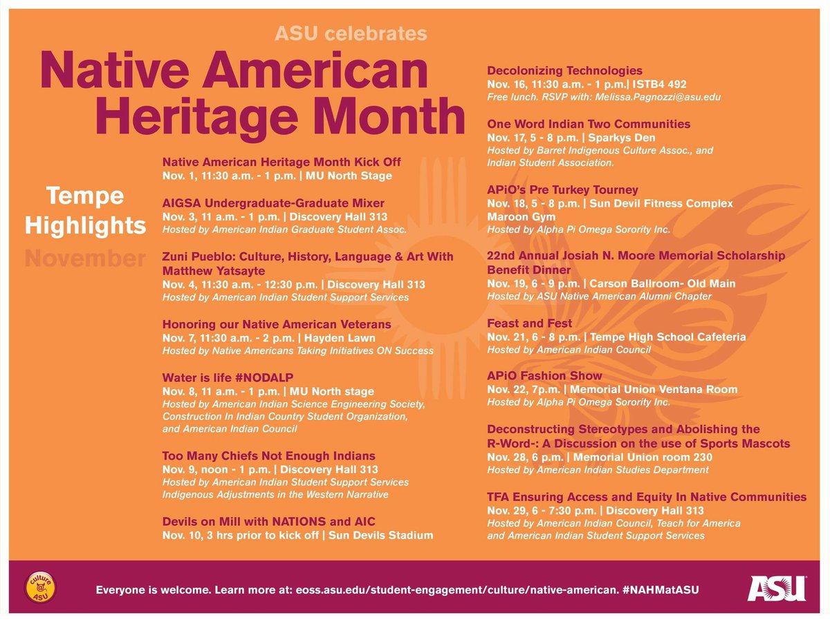 CultureASU's tweet photo. Native American Heritage Month begins November 1! Check out the awesome events happening on all four campuses! #NAHMatASU https://t.co/IdfoIwuWxh