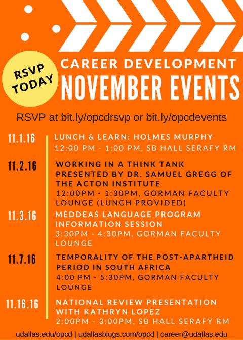 udcareerdev's tweet photo. Save the date for the following events! RSVP today at https://t.co/r2pB3hFvCU #udallas #udopcd #GetInvolved https://t.co/KOAzvFysyf