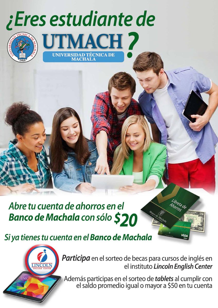 BcodeMachala's tweet photo. Si eres estudiante de la @utmach1969 acércate a la agencia ubicada en la #UTMACH abre tu cta de aho y participa en becas de ingles y tablets https://t.co/Bt4LckALKX