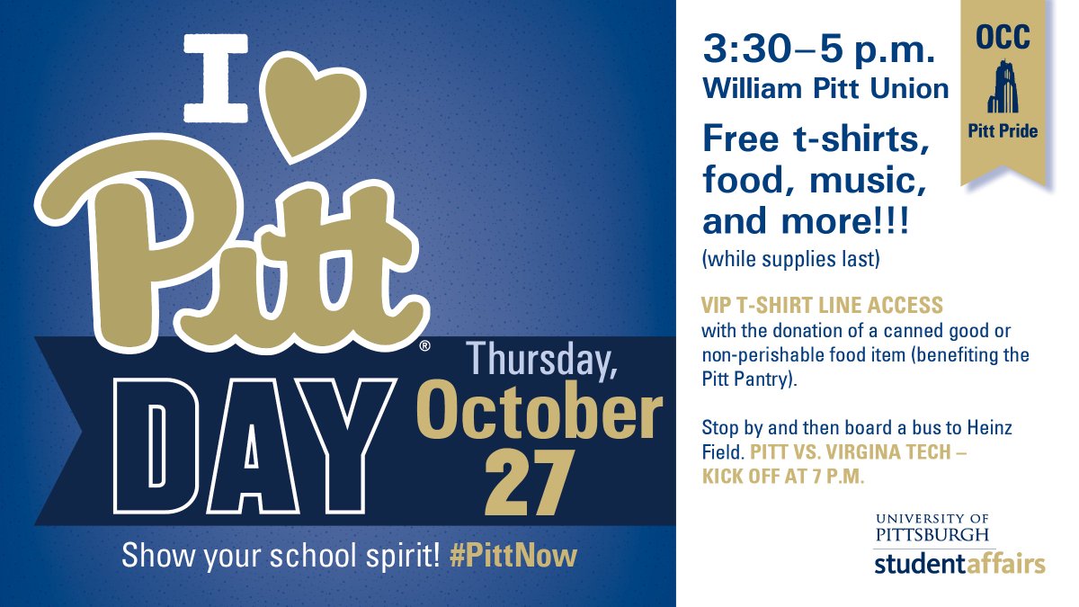 PittStudents's tweet image. Show your Pitt pride! TOMORROW is I Love Pitt Day from 3:30-5pm in WPU Driveway! Rain location inside Nordy's Place #H2P
