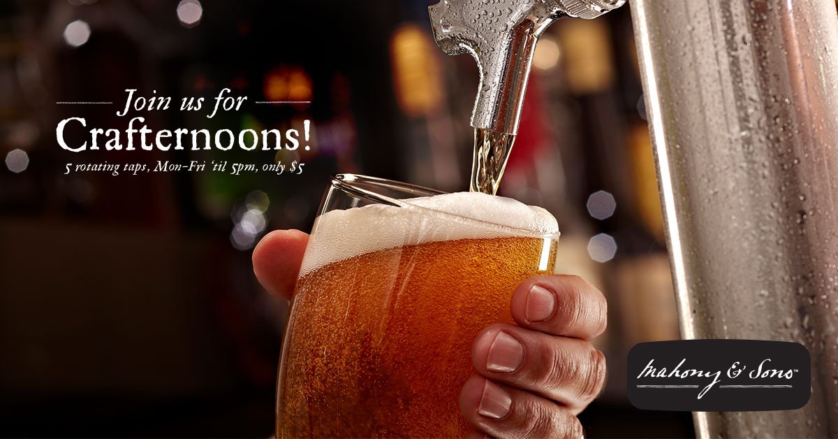 discovermahony's tweet photo. 5 rotating craft taps. Mon - Fri til 5pm. Just $5. Only at our Mahony &amp; Sons False Creek location! Come visit! https://t.co/Ayao9h1t1F