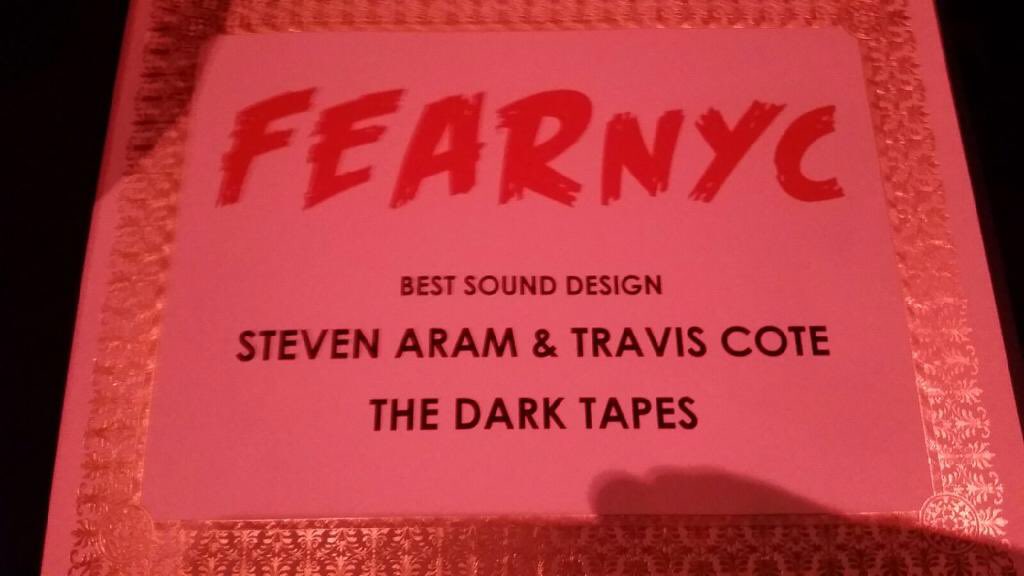 StevenAram's tweet photo. Honored to win Best Sound Design with Travis Cote for @TheDarkTapes at @fear_nyc 👏🙌📽🎛🕹🎚 https://t.co/foxxICP8no
