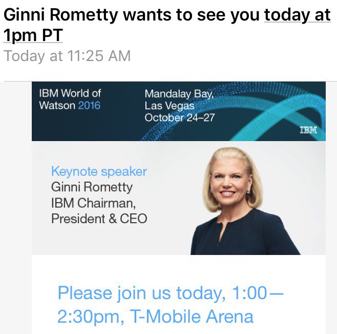 TahoeJR's tweet photo. Definitely looking forward to seeing Ginni speak at #ibminsight & #ibmwow for the first time ever. https://t.co/1jrQKQGDmF