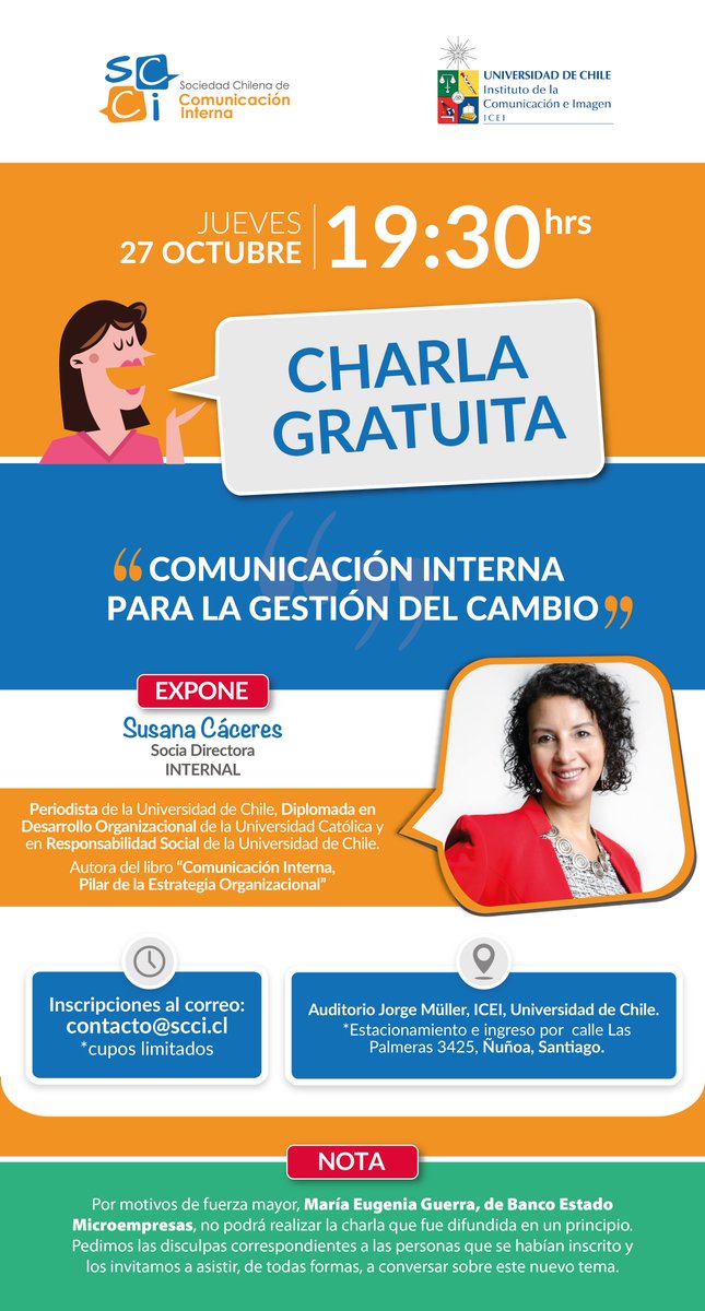 SCCI_CL's tweet photo. Mañana: charla gratuita sobre #ComunicaciónInterna para la #GestiónDelCambio en el @ICEIUChile A las 19.30 hrs, ¡te esperamos! https://t.co/TqRUhm8Fl2