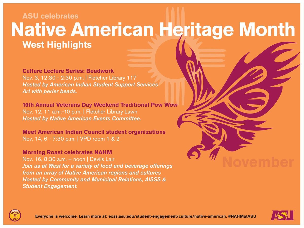 CultureASU's tweet photo. Native American Heritage Month begins November 1! Check out the awesome events happening on all four campuses! #NAHMatASU https://t.co/IdfoIwuWxh