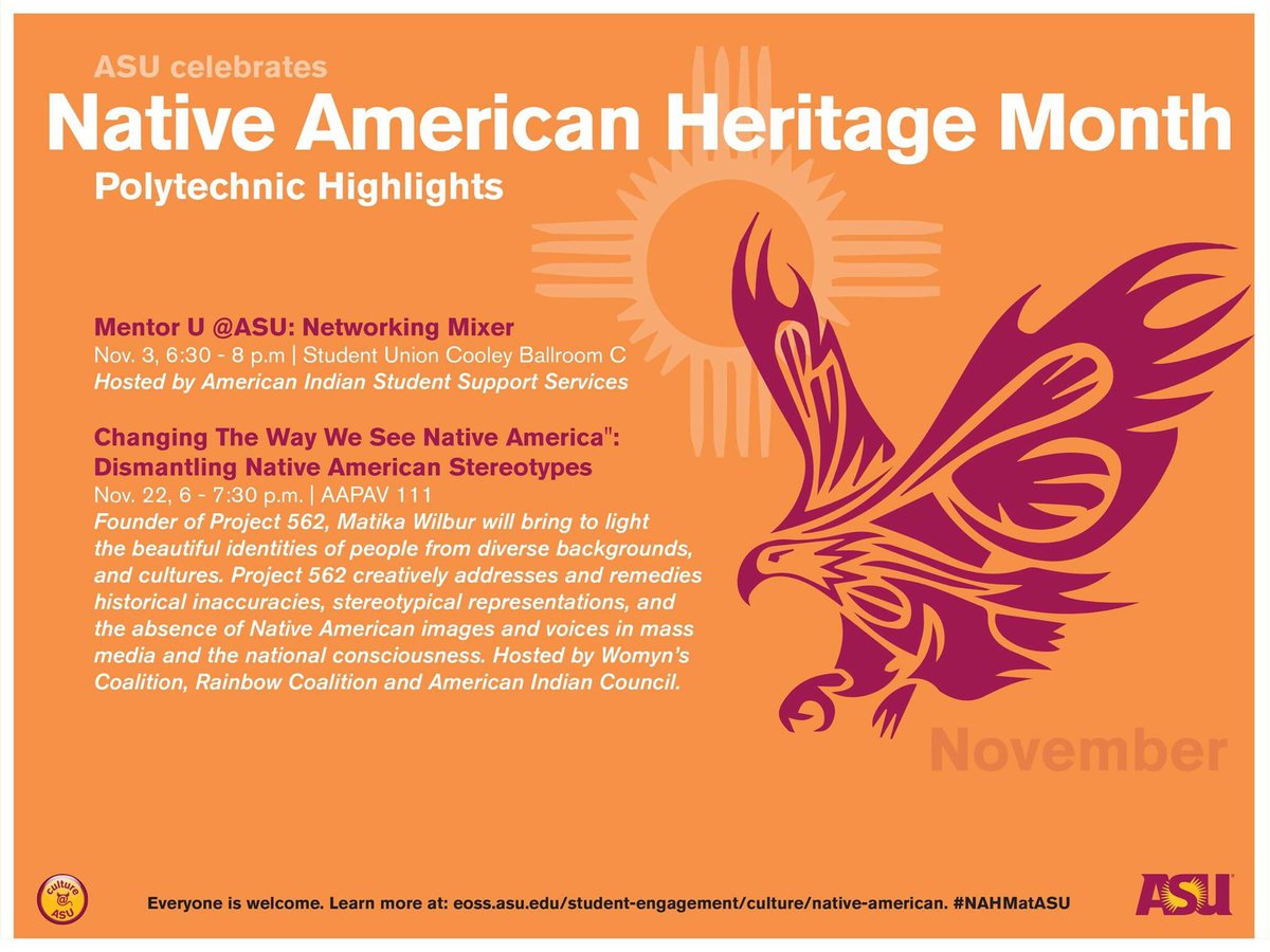 CultureASU's tweet photo. Native American Heritage Month begins November 1! Check out the awesome events happening on all four campuses! #NAHMatASU https://t.co/IdfoIwuWxh