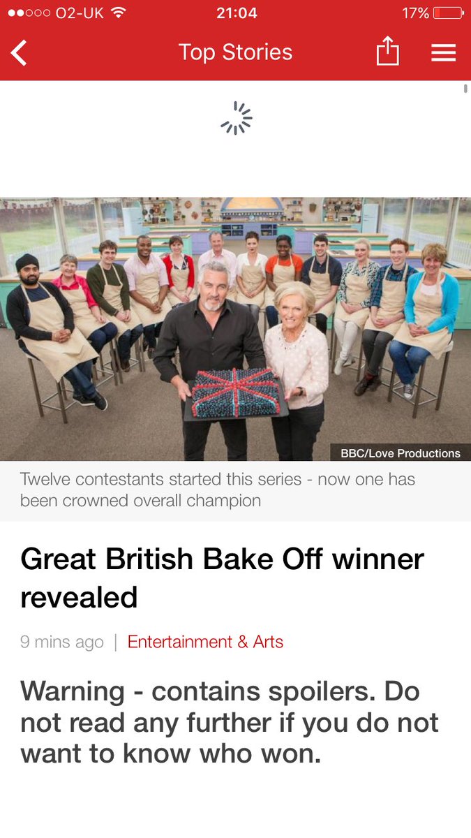 nickipap's tweet photo. @BBCNews takes spoilers suitably seriously #GBBOFinal https://t.co/iA49KNtEG3