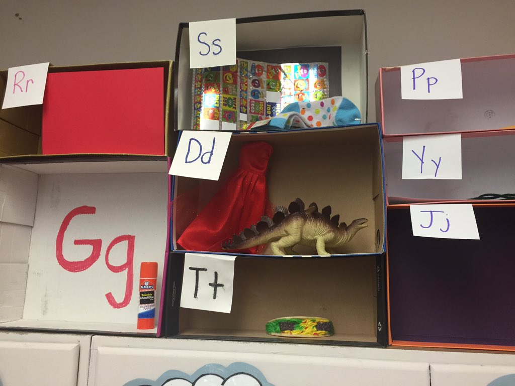 MsZelmans_Class's tweet photo. Our alphabet museum is growing! Students connect letter sounds to real life objects they find #Lakeland12 #ECEfun https://t.co/68GZVx9bCk