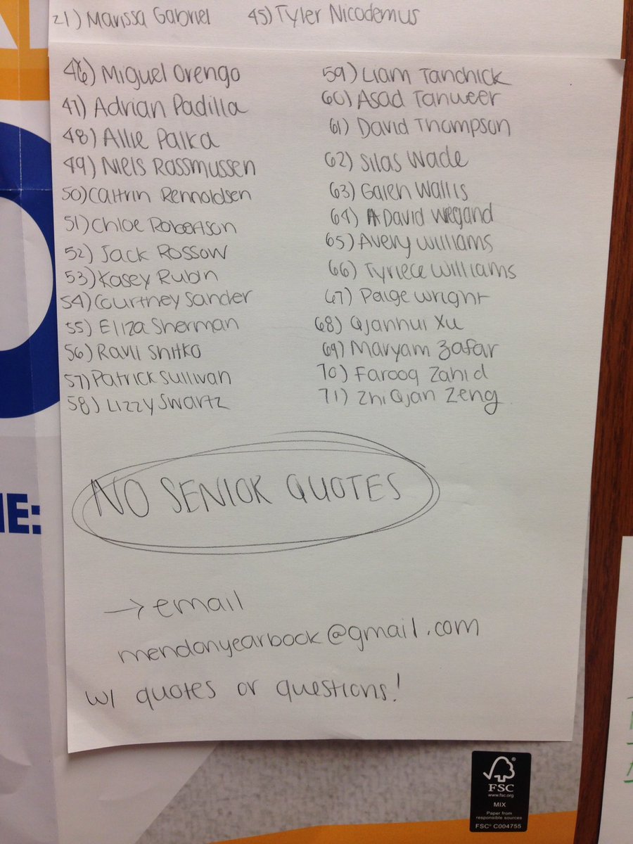 MendonYearbook's tweet photo. We need the following people's senior quotes. Please come to the yearbook office door in the commons and drop off your quotes ASAP https://t.co/DUZMZDJ9Eg