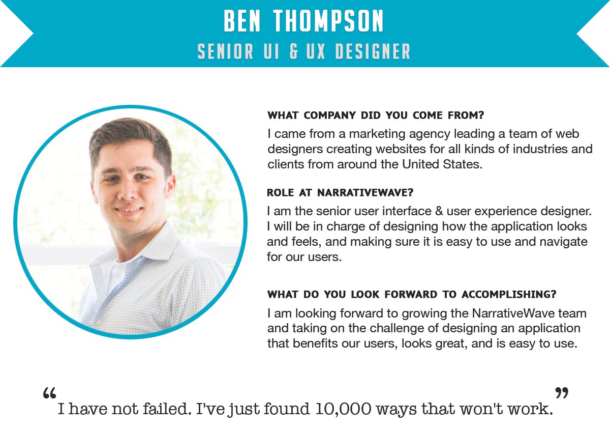 NarrativeW's tweet photo. We are excited to introduce Ben Thompson, our Senior #UI & #UX Designer, to #NarrativeWave! #innovation #technology #IoT #creative #designer https://t.co/nIvNf2JMmO