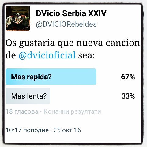 DVICIORebeldes's tweet photo. Asi estais votando ustedes y elegieron que os gustaria que nueva cancion de @dvicioficial sea #MasRapida. @franklinrivero https://t.co/aLeIPt25qB