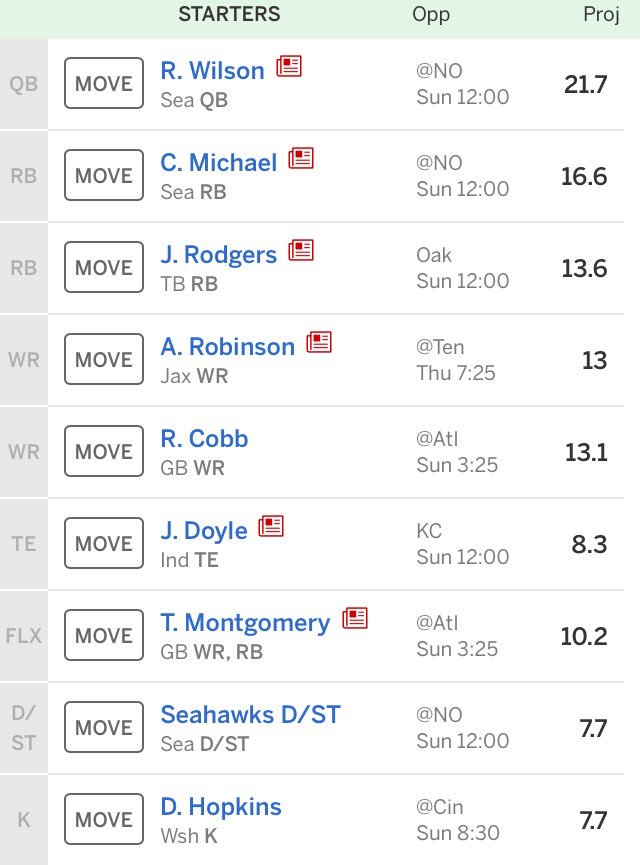 phishface45's tweet image. @MatthewBerryTMR Do I start A. Robinson, B. Cooks, Crabtree, or K. Benjamin?? Here is snapshot of my starters so far. Work your #MojoMagic