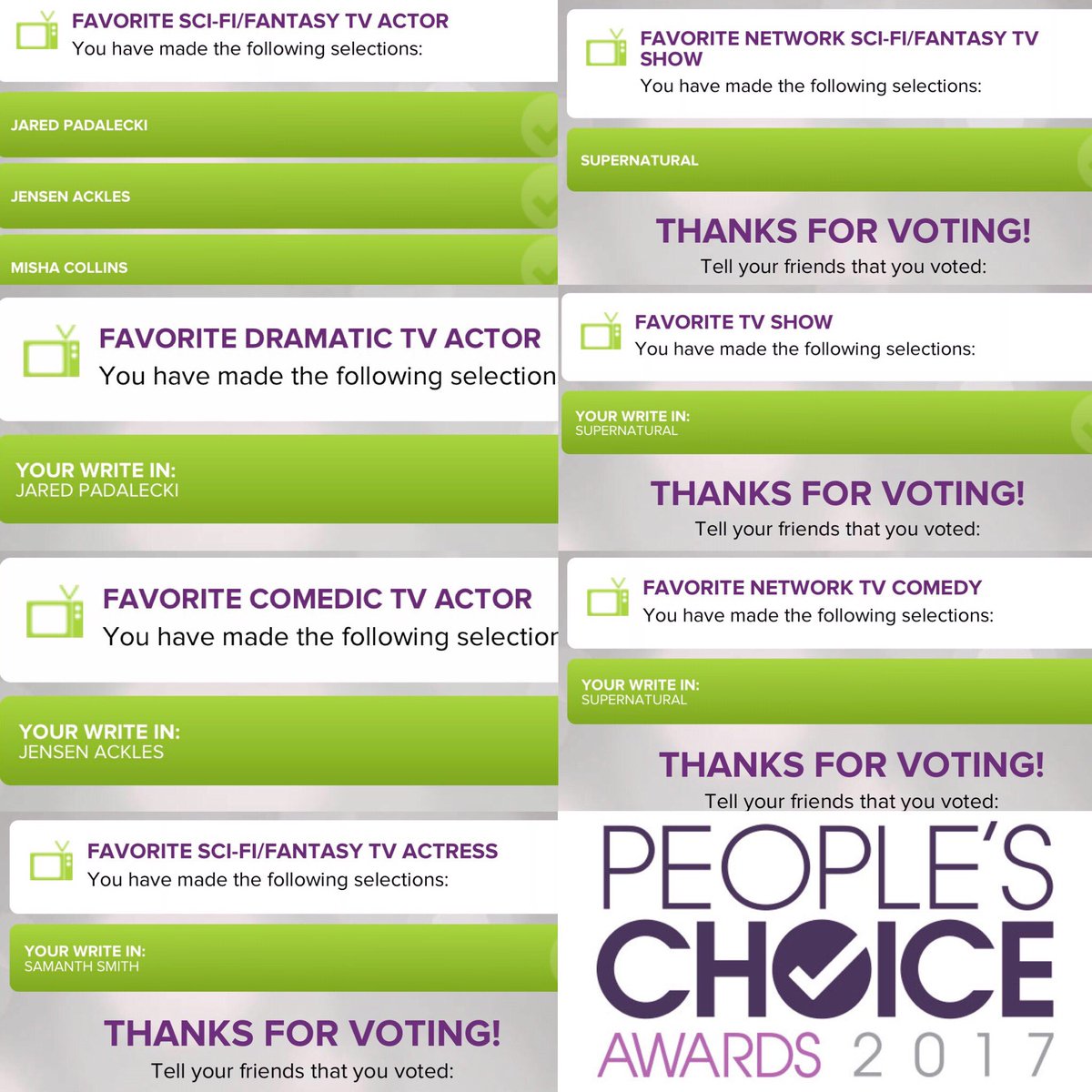 KimberLAdkins's tweet photo. I finished my #PeoplesChoiceAward votes. #WriteIn #Supernatural #SPNFamily #PCAForJared #PCAForJensen #PCAForMisha #PCAForSam #GOVOTE https://t.co/Dj4O18B6Zk