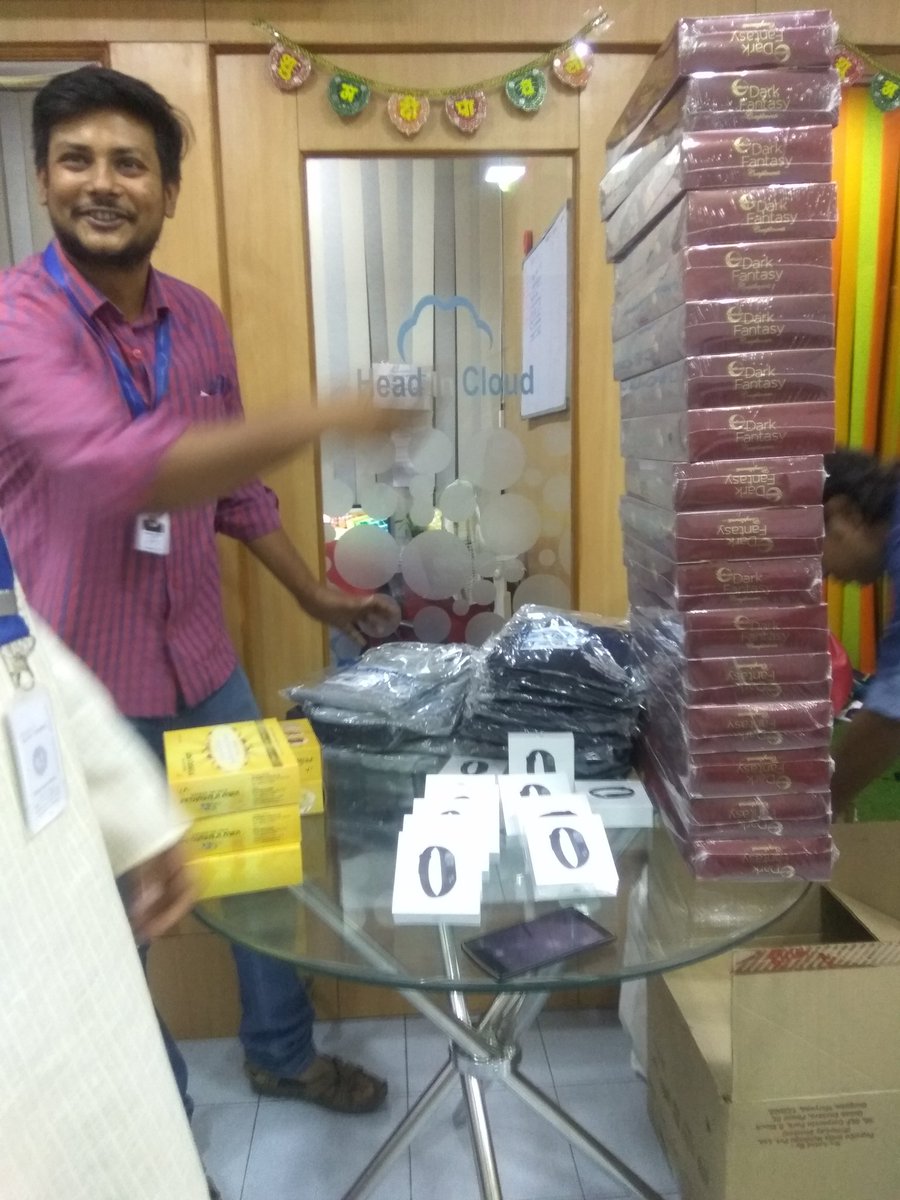 crazySfdc's tweet photo. A tower of sweets may be too much !So we gave fitness bands and t-shirt to shed the extra weight. Lol @HeadInCloudInc https://t.co/U7R6uY7GNN