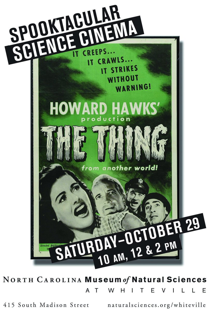 NCMNSWhiteville's tweet photo. SPOOKtacular Science Cinema, Sat, Oct 29 10am-5pm. Not-So-Scary Storytime 11:30am, Costume parade 1:30pm. #MadScientistLab #Crafts #Games https://t.co/OCZbxbR3i6