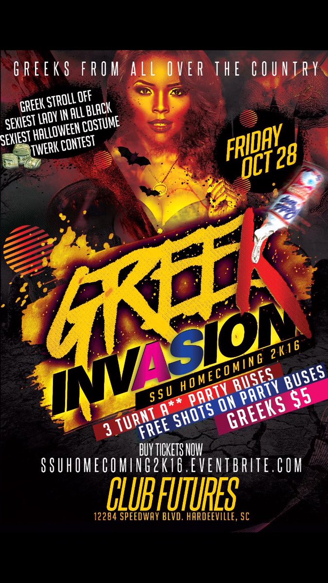 TeeAyeH's tweet photo. 🚨FRIDAY OCTOBER 28th 🚨
#SSUHC2016 🏈 🐯
#HalloweenBlackOut  💀#GreekInvasion 😳
$1,000 💰 GIVE AWAY 
We Close At 6am ⏰ 
FREE PARTY BUSES 🚍
#SSU20 https://t.co/FVVSpmbmvC