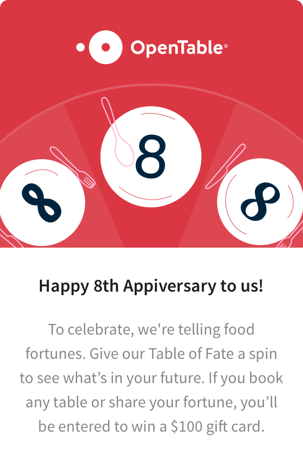 "You'll love the special" predicts <a href="/OpenTable/">OpenTable</a>. #Appiversary8Contest

  bit.ly/OTPlay