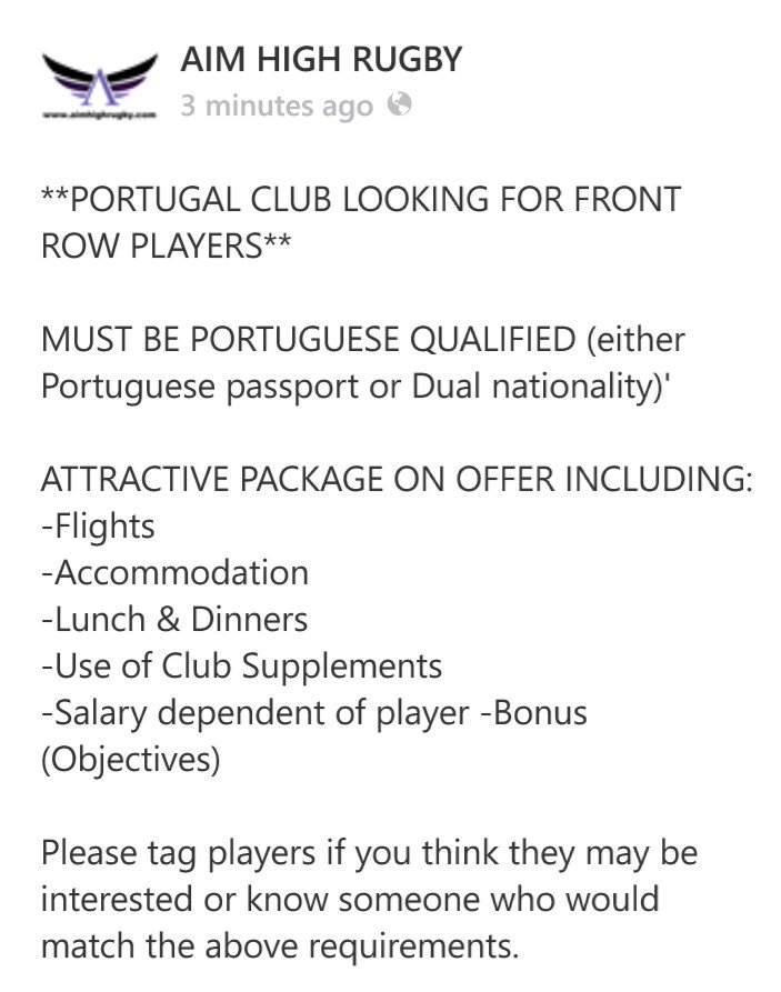 PORTUGAL CLUB LOOKING FOR FRONT ROW PLAYERS #Portugal #rugby #portugalrugby <a href="/PortugalRugby/">Portugal Rugby</a>