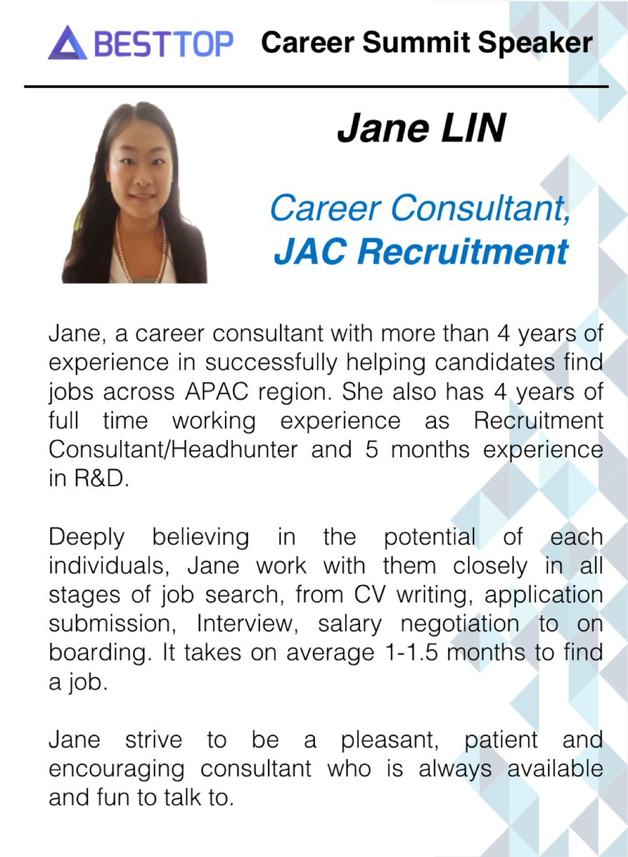 Jane, a career consultant with rich experience in helping candidates hunt jobs across APAC region and in serving as Recruitment Consultant