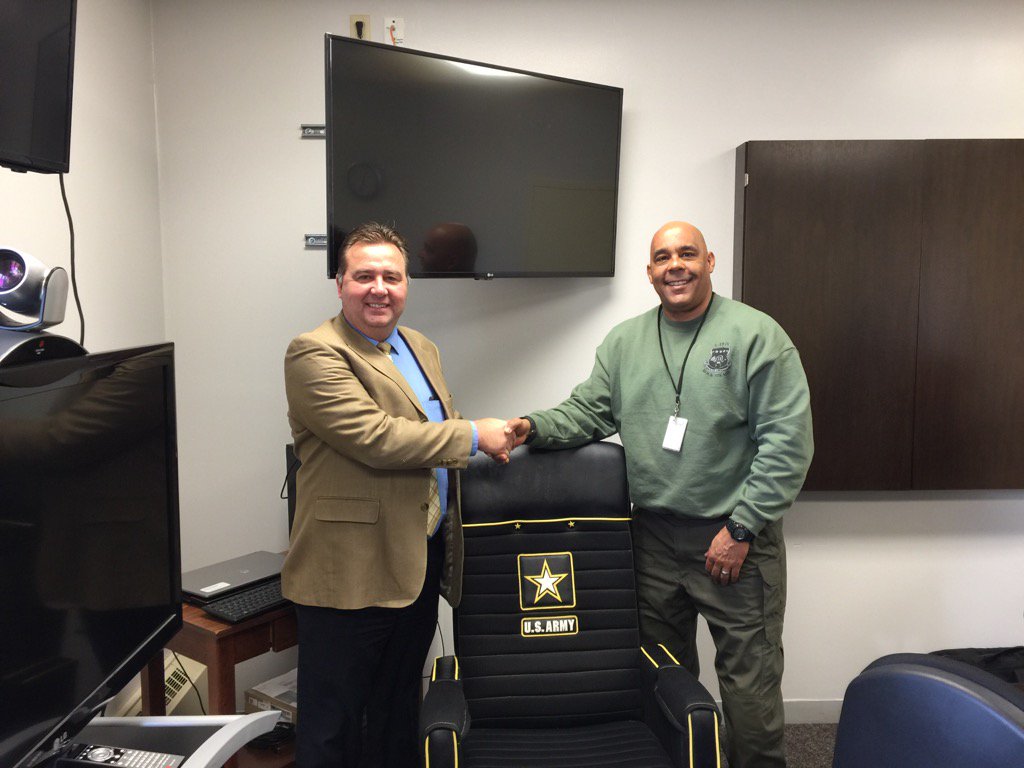 wardenwinn's tweet photo. Warren's McLaren and Winn with chair made by the Kinross inmates.  US ARMY (HUA) Heard Acknowledged Understood. https://t.co/aEW3iPpSw0