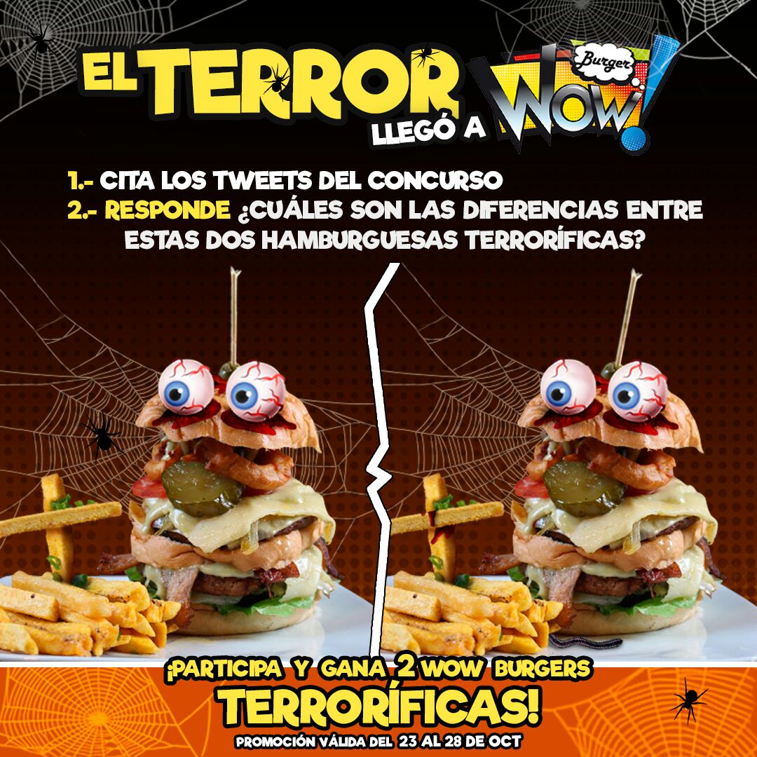 wowburger15's tweet photo. Booo👻 el #Halloween llegó a #Wow! Y te trajo un mega concurso. ¡Participa y gana 2 #WowBurgers terroríficas! 🍔🎃🍔 https://t.co/eqkMgXgin8