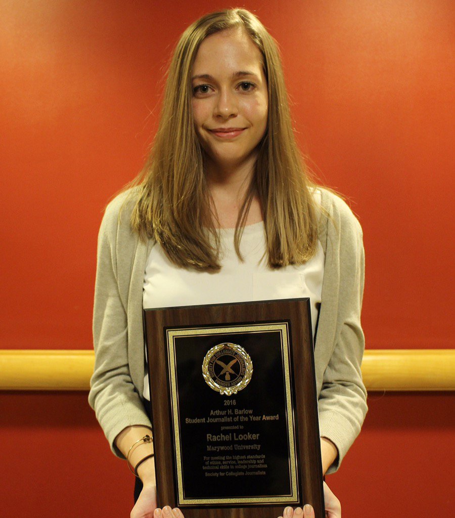 scjnational's tweet photo. .@MarywoodU junior and @TheWoodWord EIC Rachel Looker wins Barlow Student Journalist of the Year Award! #SCJATL16 https://t.co/GaeUGNUX0X