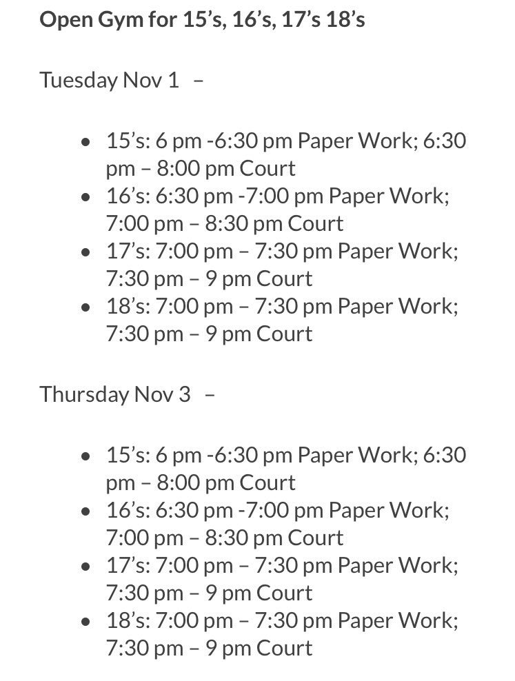 ncpowervb's tweet photo. Up coming open gym times for 15s 16s 17s and 18s! You can register online! https://t.co/icqZ034y58