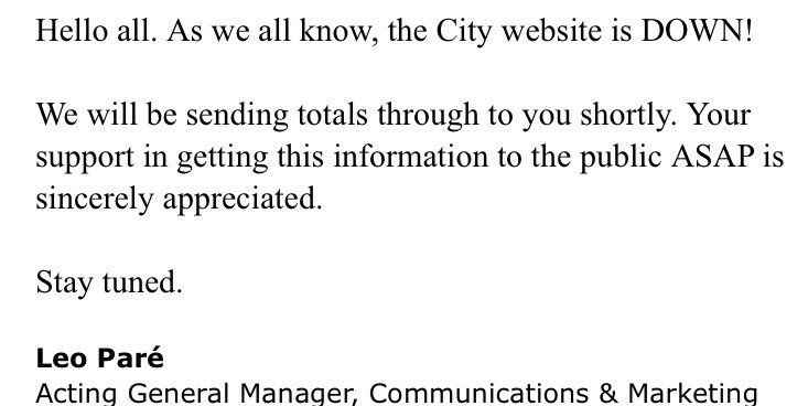 AdamMacVicar's tweet photo. Email from Leo Pare at @cityoflloyd says results are coming soon. #YLL #YLLvotes @NewcapTVNews https://t.co/dMnvYAX3wG
