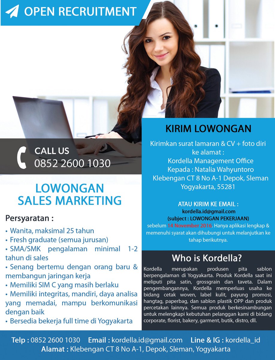 tabita_ok's tweet photo. @Info_Loker sales marketing I Fulltime I ce, maks 25th | fresh graduates are welcome | penempatan : Jogja | 0852 2600 1030 https://t.co/sAX6X97a0z