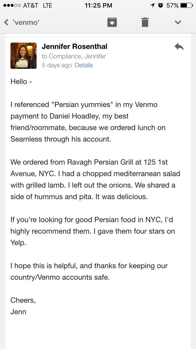 jenn_rosenthal's tweet photo. Who knew @venmo had compliance regulations? #safespending #persianyummies @danielhoadley https://t.co/5C6aj8SqeZ