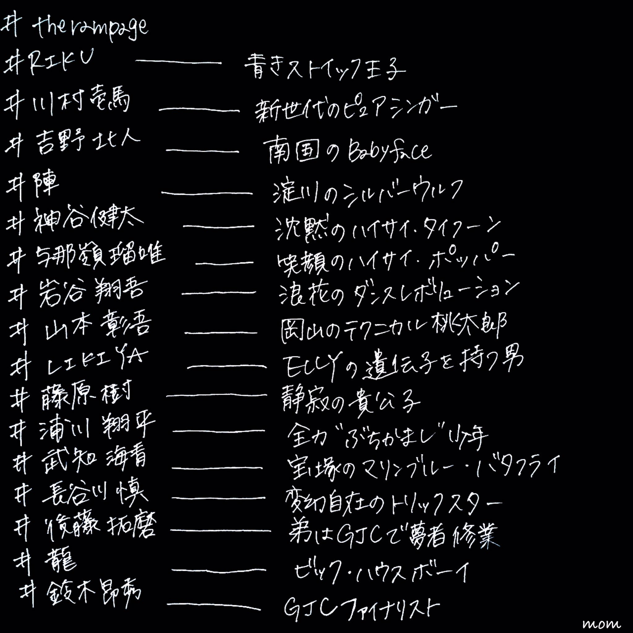ももじろ Twitter પર 昔から覚えたいことは書く派 メンバーの名前とキャッチフレーズ 間違ってたら教えてください Riku 川村壱馬 吉野北人 陣 神谷健太 与那嶺瑠唯 岩谷翔吾 山本彰吾 Likiya 藤原樹 浦川翔平 武知海青 長谷川慎 後藤拓磨 龍