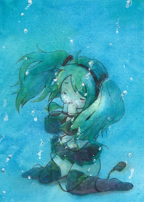 昔アナログで描いた、水中ミクさん 