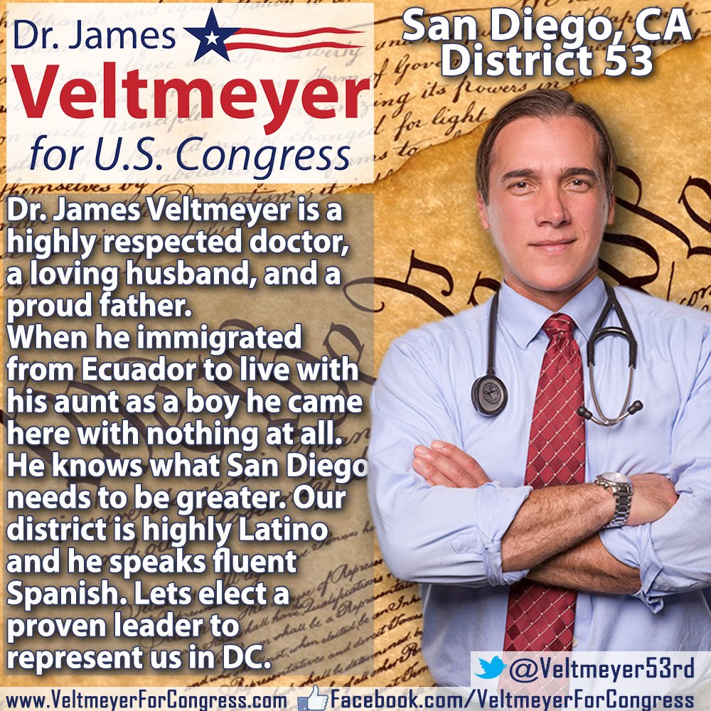 veltmeyer53rd's tweet photo. I am excited to run for #53rdCongress &amp; have the chance to service the communities of #SanDiego in Washington. #CAGenElect #hispanic #vote https://t.co/taRgebgwe9