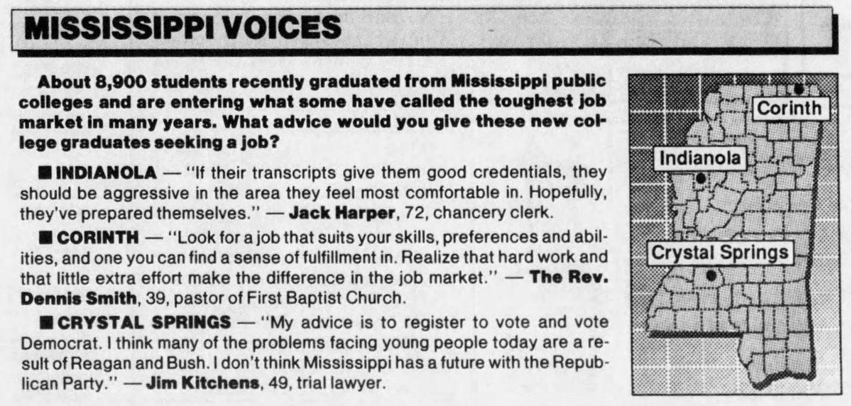 HindsGOP's tweet photo. Then Democrat trial lawyer now liberal Supreme Court Justice Jim Kitchens: bad advice for college grads, no political vision for MS in 1992. https://t.co/oj0qjKwur3