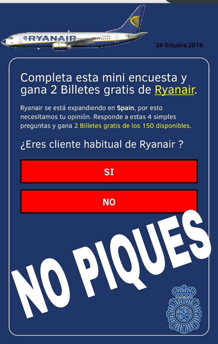 policia's tweet image. ✈️Volando voooyyy🎧... volando vengo✈️...vengo 🎼 Y si te la cueeeelo..., tus datos tengoooo 🎤 #NoPiques ➡ robo de datos, #malware, estafas