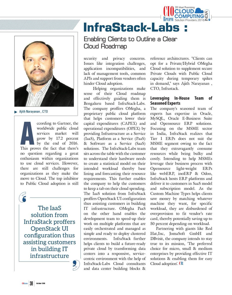 ajithpathiyil's tweet photo. InfraStack-Labs features in the top 20 Cloud Companies in India - CIO Review Magazine Oct Issue,Congratulations to the InfraStack-Labs team https://t.co/UANMMxzhe6