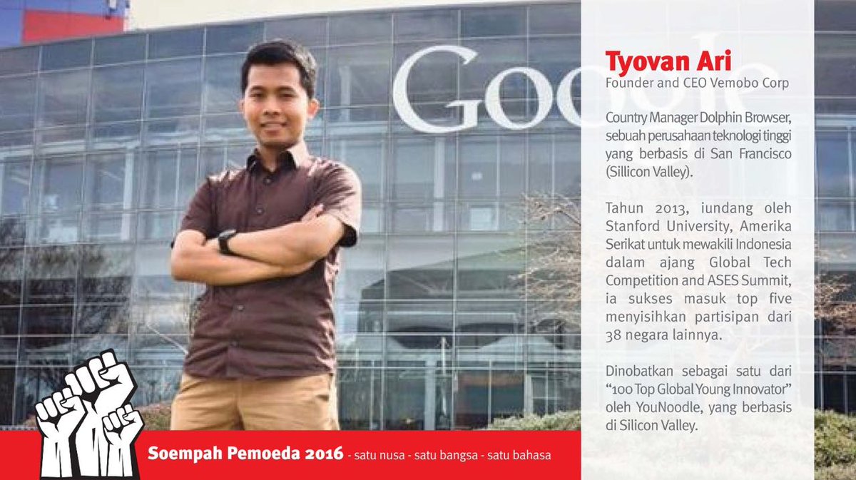 MenduniaID's tweet photo. Tyovan Ari (@tyovan) menjadi salah satu anak muda Indonesia yg berpengaruh di masa kini. #SumpahPemuda #SoempahPemoeda
#IndonesiaMendunia https://t.co/0r0JnL0idS