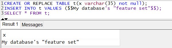SQreamTech's tweet photo. SQream DB tip of the day - Enclose strings with $$ to avoid escaping string literals
#BigData #SQL #SQreamDB #TipOfTheDay https://t.co/0kBIqiEHXY