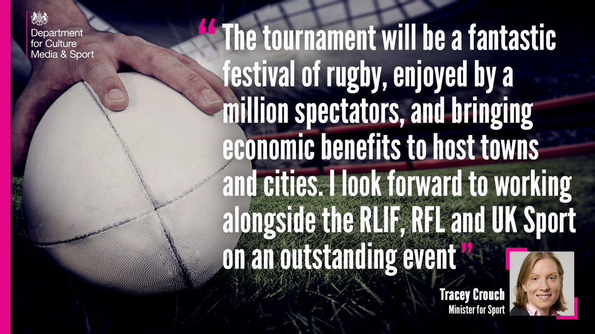 DCMS's tweet photo. Sports Minister @tracey_crouch delighted that England will host 2021 Rugby League World Cup #rlwc2021 @TheRFL https://t.co/94aJlfAWcR https://t.co/bXhSkQZkwO