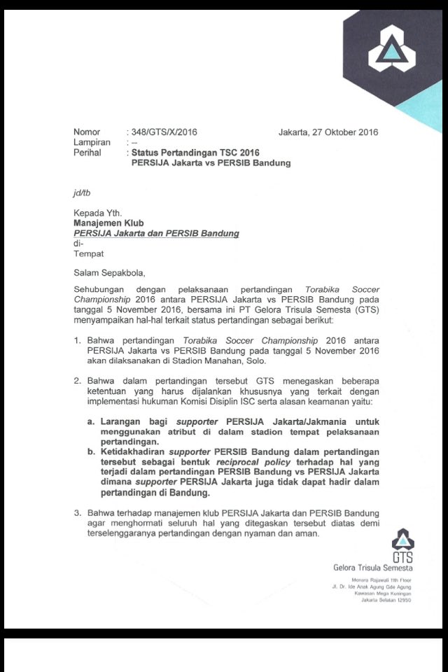 Surat dari PT GTS untuk Persija dan Persib terkait status pertandingan dan kehadiran suporter.