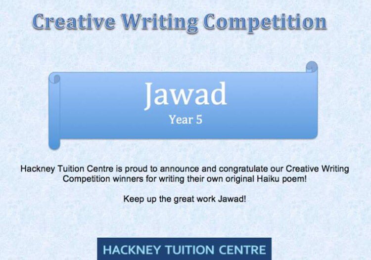 HackneyTuition's tweet image. Jawad and Mark won writing their own Haiku poem that describes the autumn season! Well done to both :)