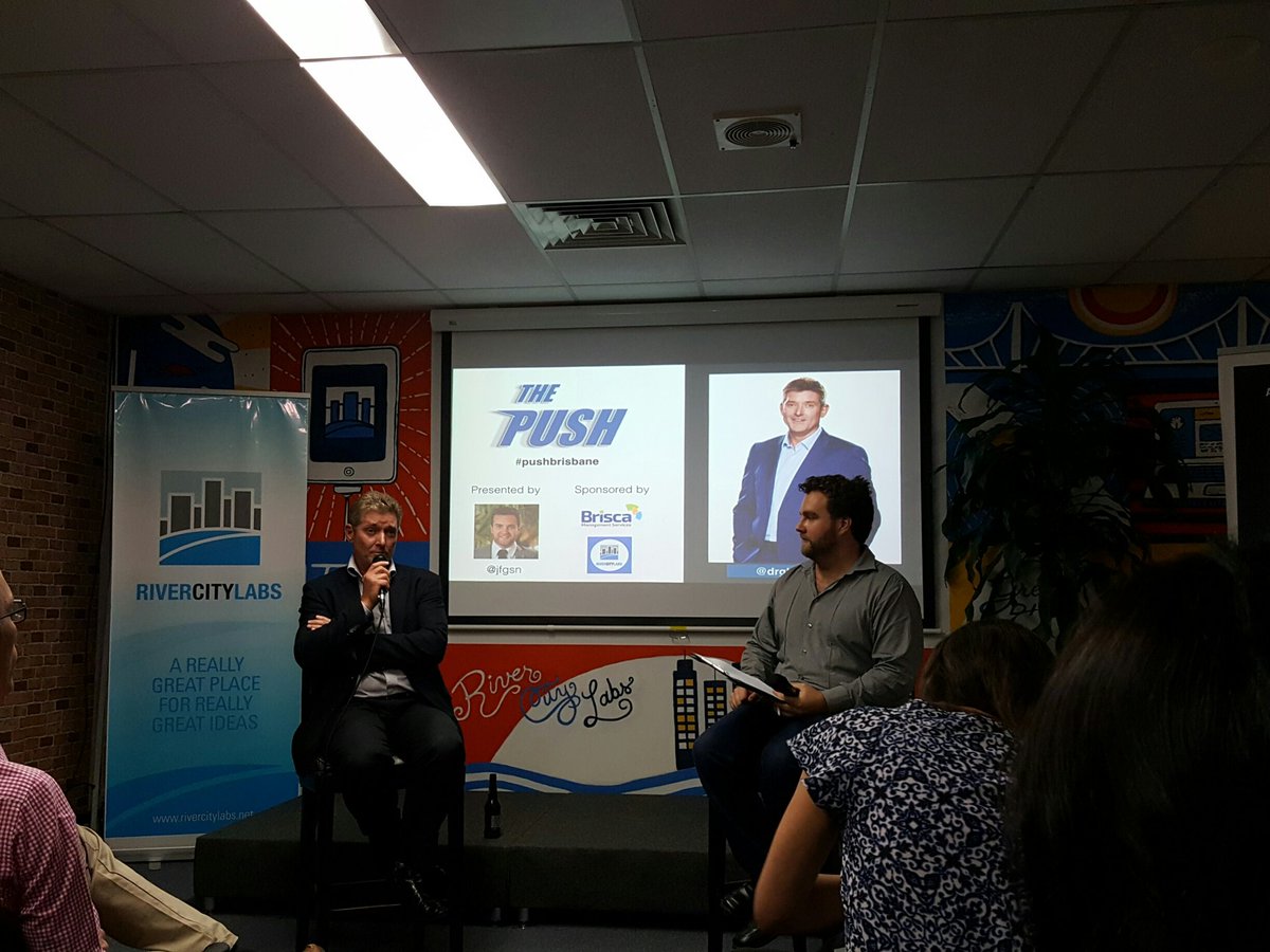 gertstander's tweet photo. About to kick off "A Fireside Chat with Shark Tank's Dr Glen Richards" #pushbrisbane @jfgsn @DrGlenRichards @RiverCityLabs #startup https://t.co/CTGqtkBvMU