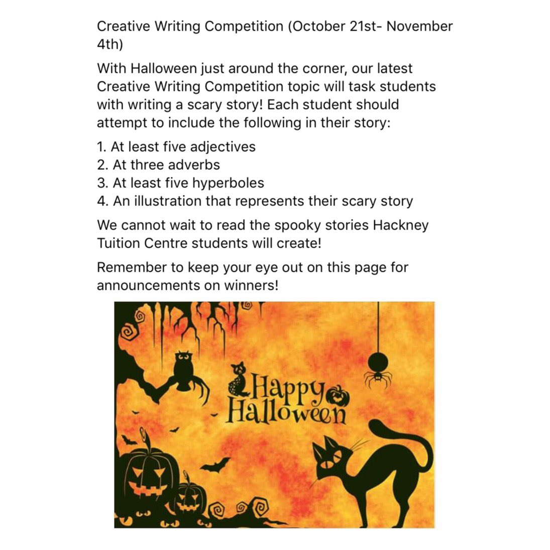 HackneyTuition's tweet image. October 21st - November 4th #CreativeWritingCompetition #HackneyTuition #Writing #Creativity #English #Tuition
