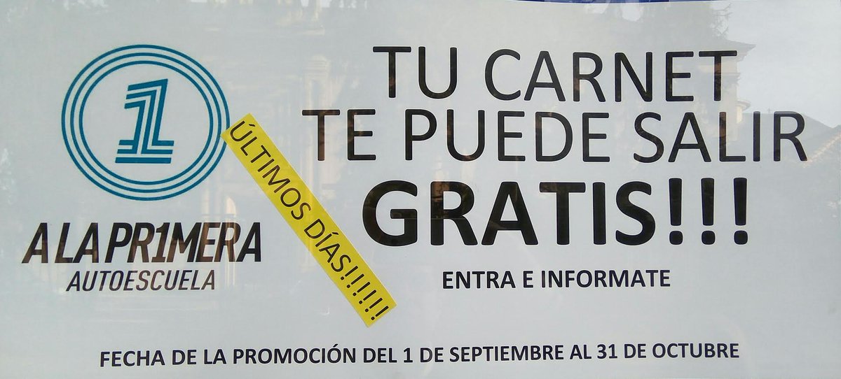 AEALAPRIMERA's tweet photo. Muy buenos días a todos! Estamos terminando Octubre y con el termina nuestra gran oferta de poder sacarte el #carnetgratis.
No esperes más!! https://t.co/qa8Ydr8Yki