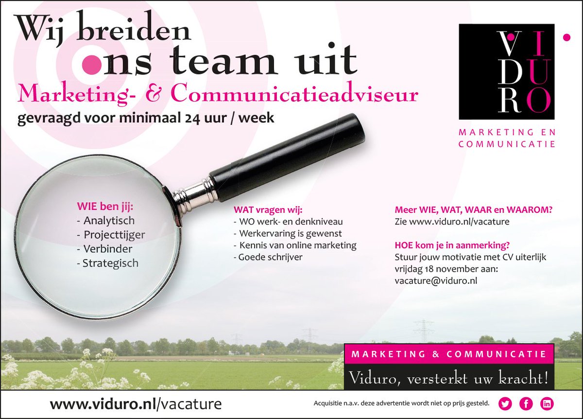 Versterking gezocht! Ben jij onze nieuwe marcom-professional?
Voor meer informatie ga naar viduro.nl/vacature