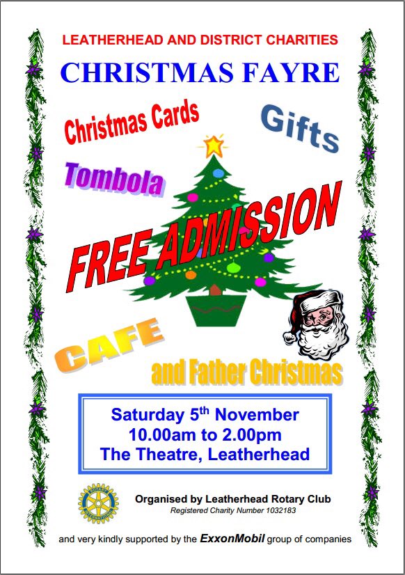 #Leatherhead #Rotary #Charity #Christmas Fair - over 20 local charities selling Christmas cards and gifts ... and much more! FREE ADMISSION!