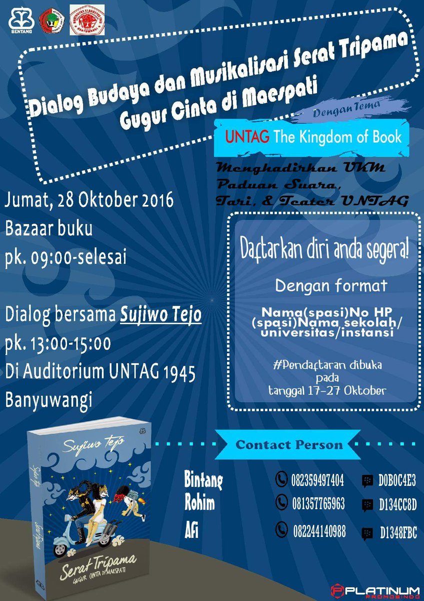 EventBwi's tweet photo. BESOK! Musikalisasi Serat Tripama
Gugur Cinta di Maespati
w/ President @sudjiwotedjo
UNTAG Banyuwangi. Jam 13.00 #EventBwi https://t.co/GFQHA6OxPl